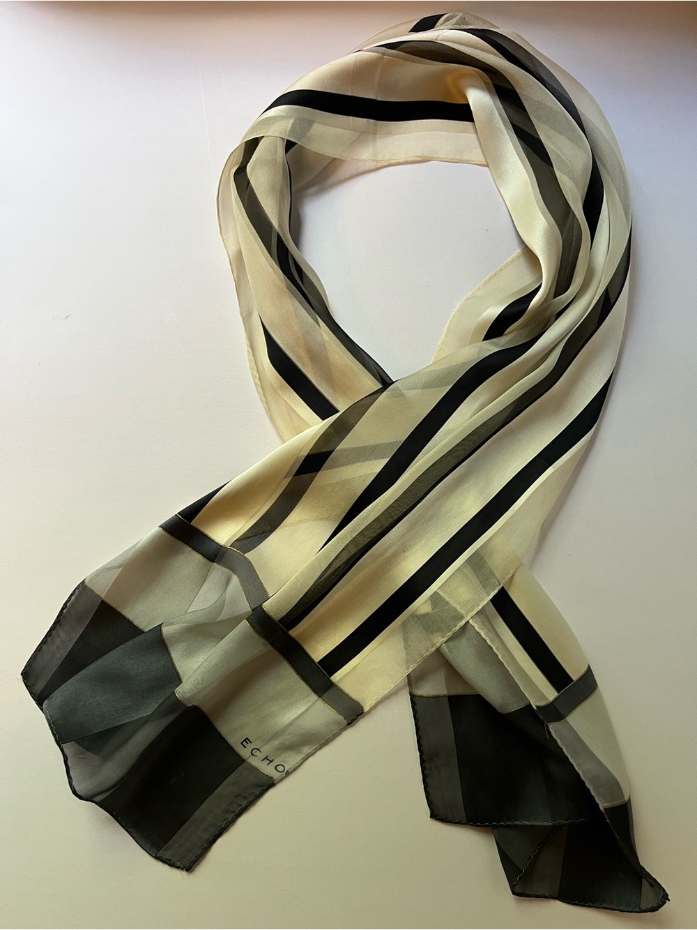 Echo Cream and Black Striped Silk Scarf